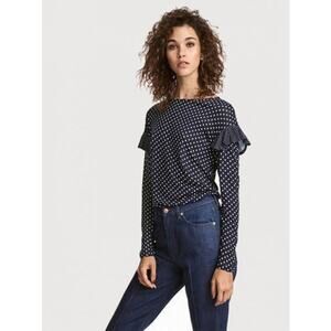 H&M Polka Dot Top Ruffle Flutter Long Sleeve Flounced Top Shirt S Blue White